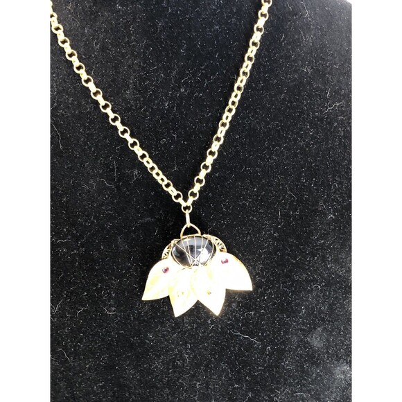 Vintage Stone Handwrapped Pendant Necklace On A 20” Popcorn Gold Tone Chain - Picture 7 of 7